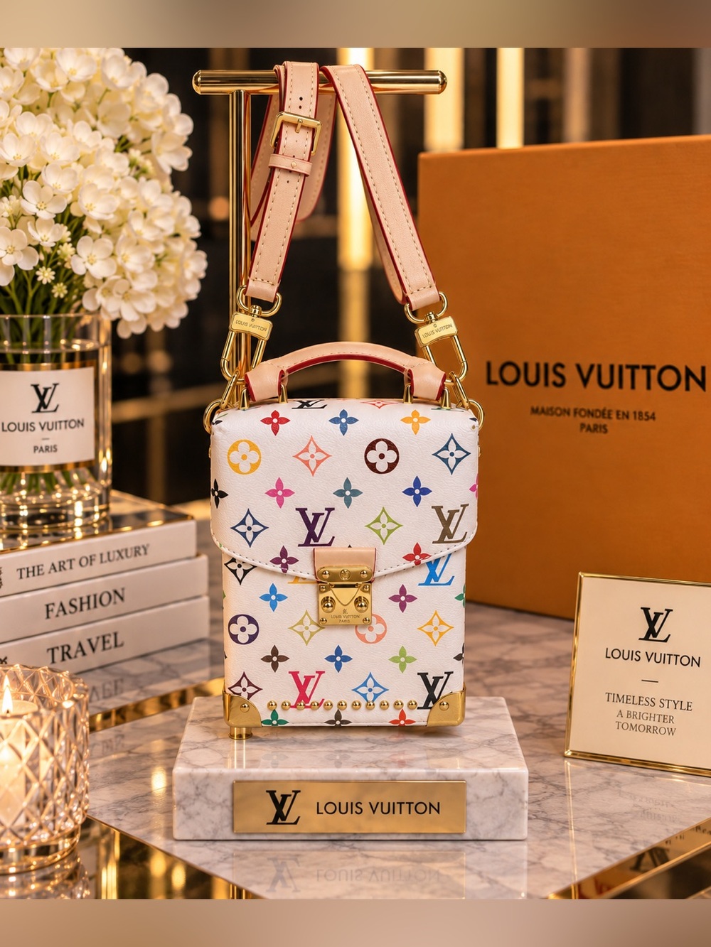 White Multicolor Mini Trunk Bag with Gold Hardware